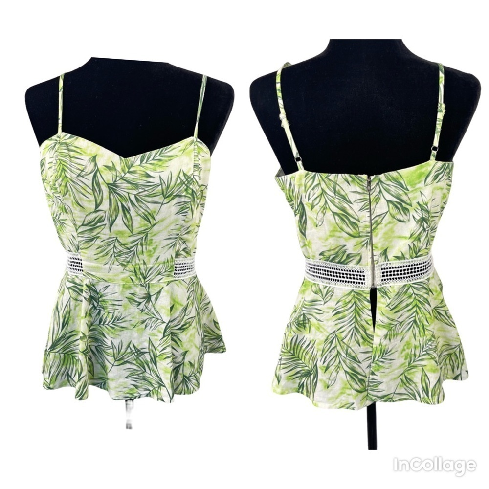 ✅ NWT Cliche Green Leaf Print back zipper peplum hem spaghettini strap top sz 8